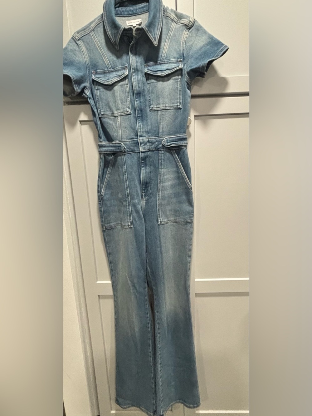 Good American Light Blue Denim Jumpsuit with Utility Pockets Missing Snap